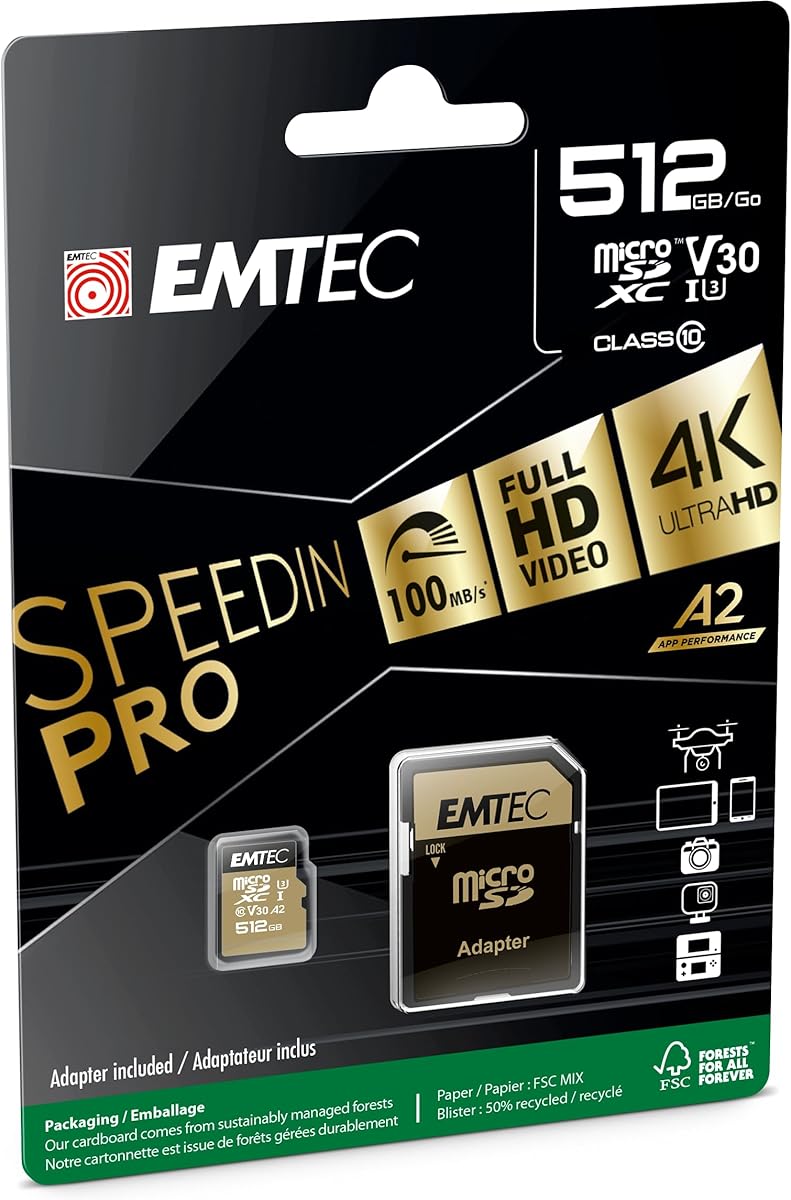 Emtec SPEEDIN' microSD Class 10 V30 UHS-I U3 (512GB) - Read & Write Speed up to 100 MB/s - Micro SDXC - with Adaptor - Black/Gold
