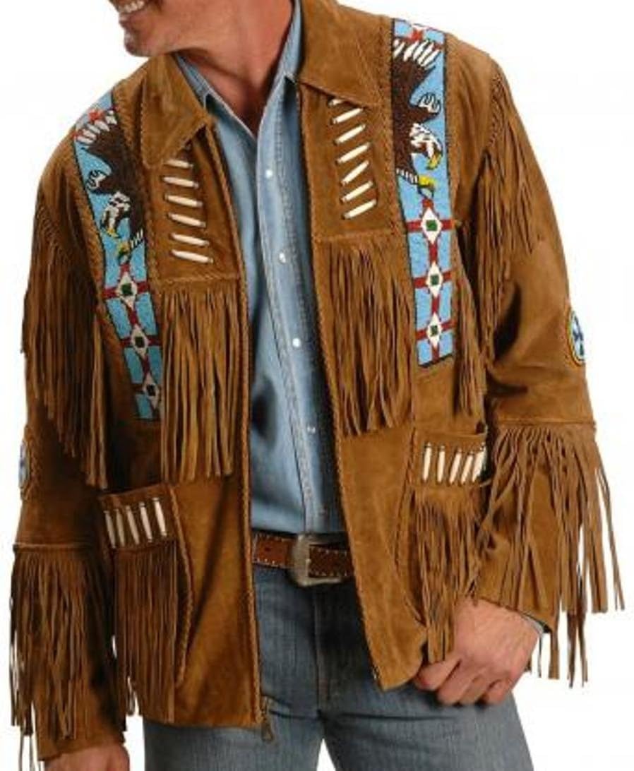 Genuine Leather Style Men Brown Suede Western Leather Jacket Cowboy Leather Jacket Leather Riding Jackets Classic Leather Jacket Native American Jackets Western Duster Jacket (2x-Large - Chest 46-48")