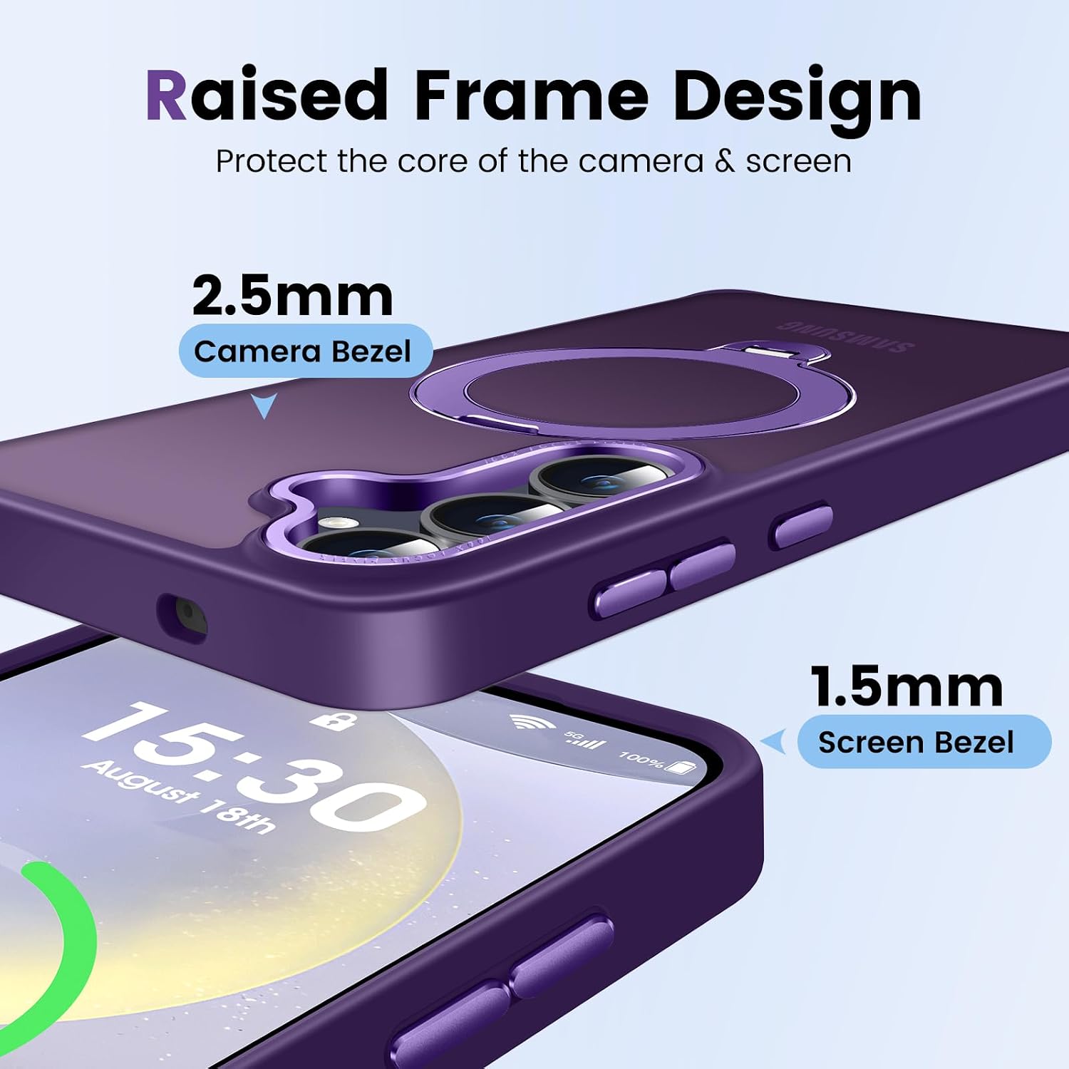 360° Spin Magnetic Ring Stand for Samsung Galaxy S24 Case, Military-Grade Drop and Shock, Supports Magnetic Charging, Translucent Matte Phone Case for Samsung S24 (Matte Purple)