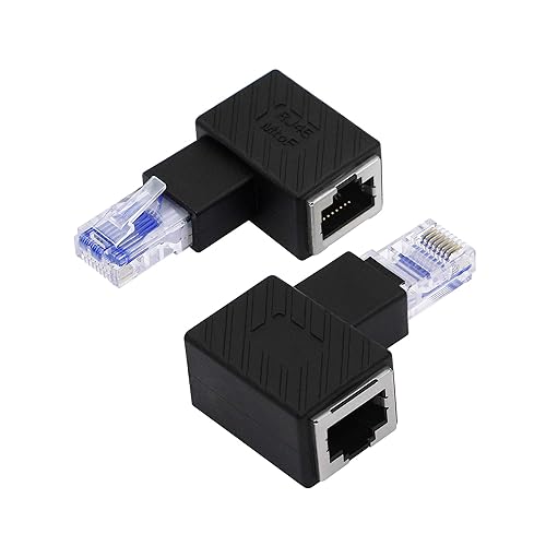 YACSEJAO Adaptador Ethernet RJ45 Cat5eCat6, paquete de 2 adaptadores Ethernet de 90 grados RJ45 8P8C macho a hembra adaptador de ángulo recto