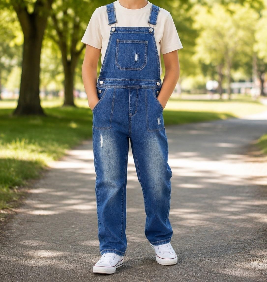 KIDSCOOL Boys Denim Overalls Ripped Adjustable Straps Elastic Waist Jeans