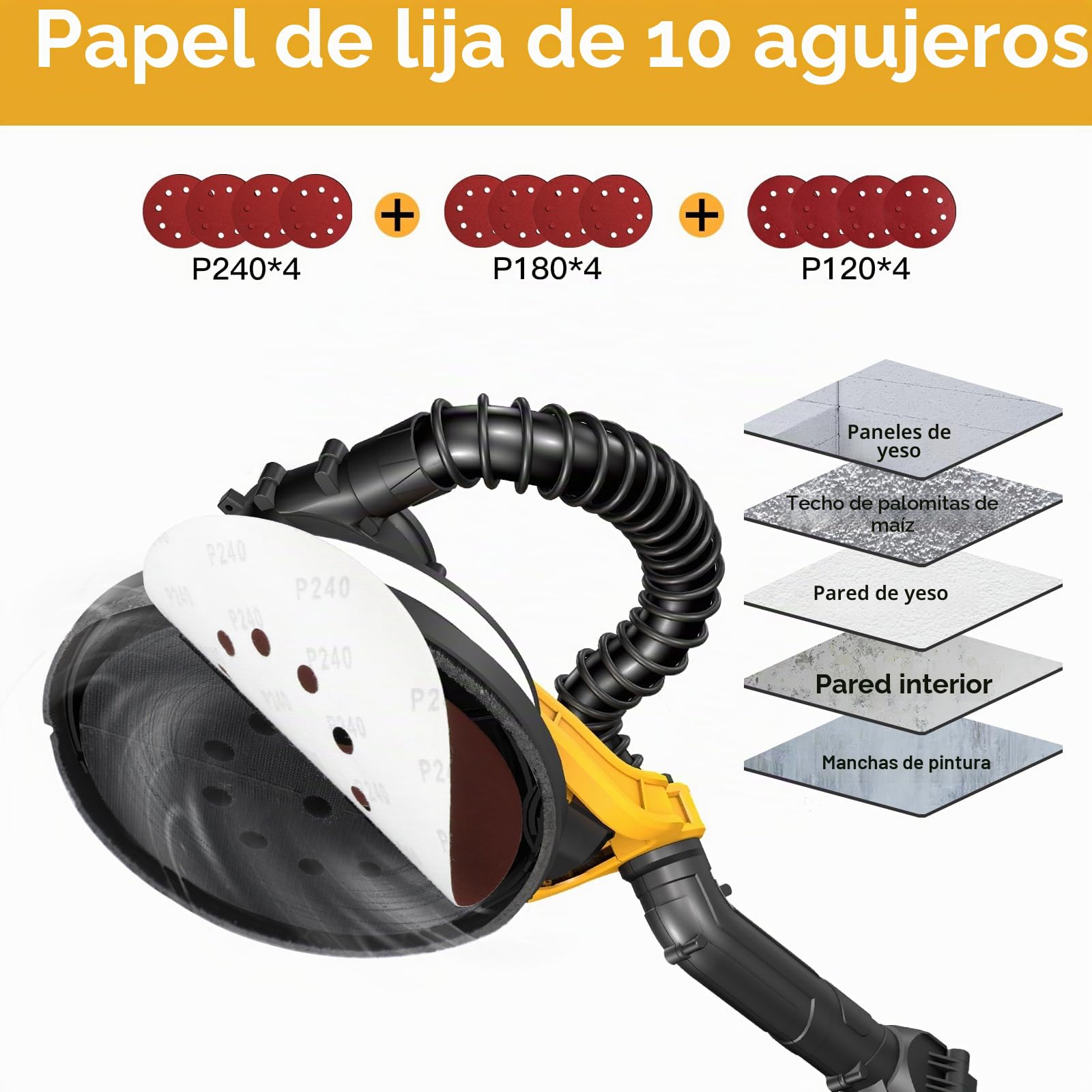 Lijadora Jirafa 880W, lijadora pared y techo,Luz LED,5 Velocidad 1000-2100 RPM,Borde Lateral Desmontable y Tubo de Extensión Plegable (150 cm/180 cm),lijadora jirafa con aspirador 12 Discos