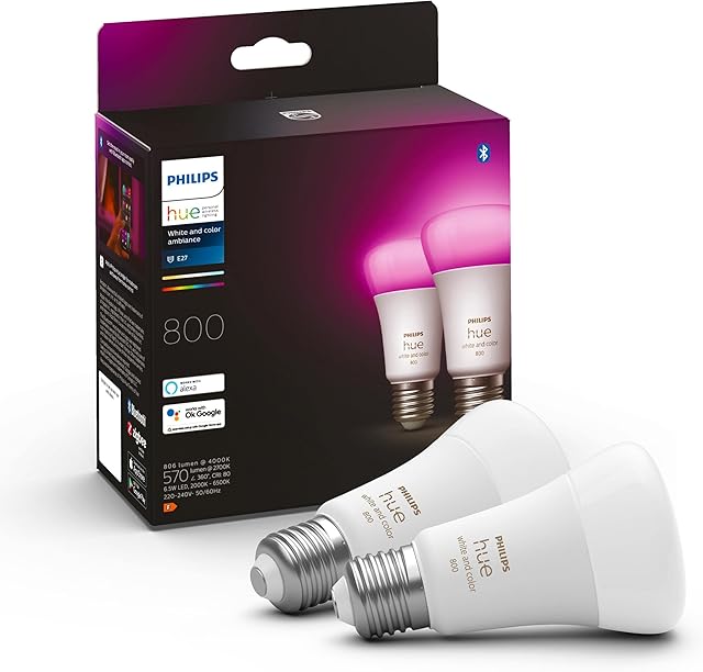 Philips Hue White and Colour Ambiance Smart Light Bulb 2 Pack 60W - 800 Lumen [E27 Edison Screw] With Bluetooth. Works with Alexa, Google Assistant and Apple Homekit