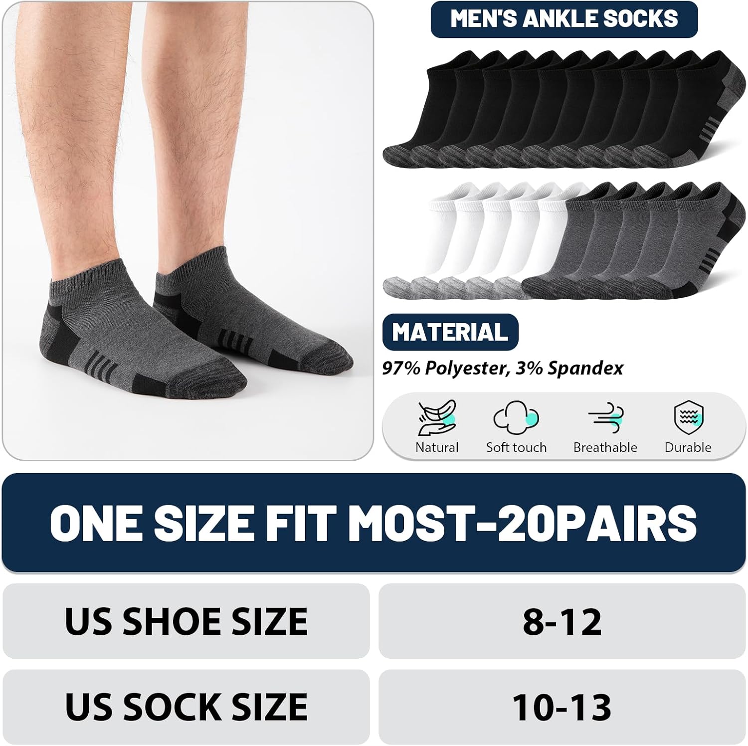 20 Pairs Men's Ankle Socks - Breathable Soft Daily Thin Black White Grey Sock, Size 8-12 Bulk Pack
