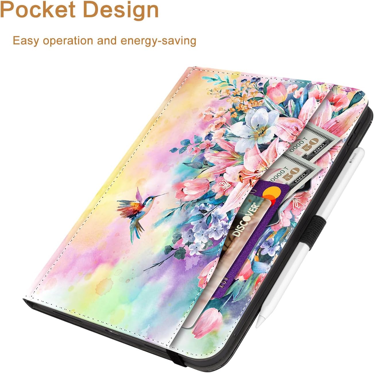Vimorco for iPad Pro 13 Inch Case M5/M4 2025/2024, Flower for iPad 13 Pro Case M5/M4 for Girls Women, Pu Leather Protective Adjustable Stand, Hand Strap, Pocket, Pencil Holder, Hummingbirds & Flowers