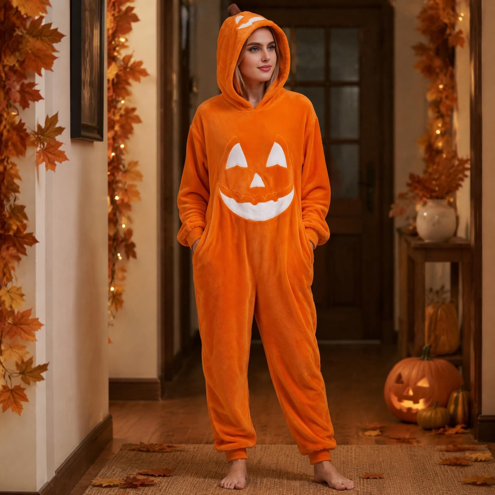 Pigiama intero a forma di zucca di Halloween, tuta cosplay per adulti con viso di zucca felice