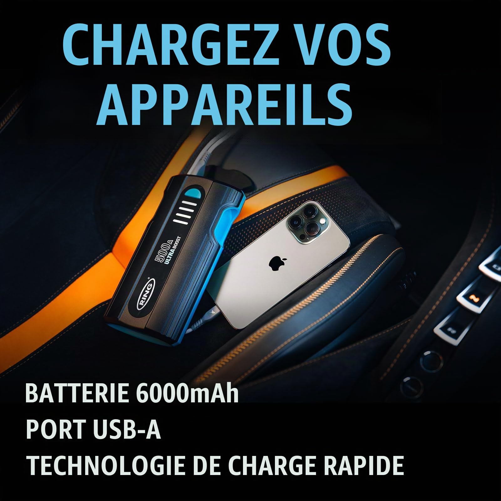 RING Ultraboost Démarreur de Batterie de Voiture 500 A – Démarre en Toute sécurité jusqu'à 3 litres d'essence et Moteurs Diesel de 1,5 Litre – Booster de Batterie avec câbles de démarrage, Batterie