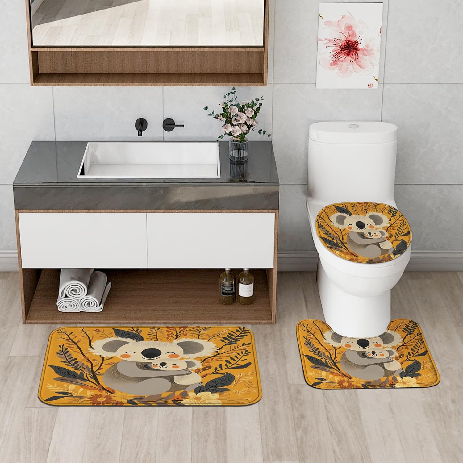 4PCS Fun Koala Pet Shower Curtain Sets with Non-Slip Rug, U Shape and Toilet Lid Cover Mat, Cartoon Kid Plants Bath Decor, Bathroom Accessory with Hooks