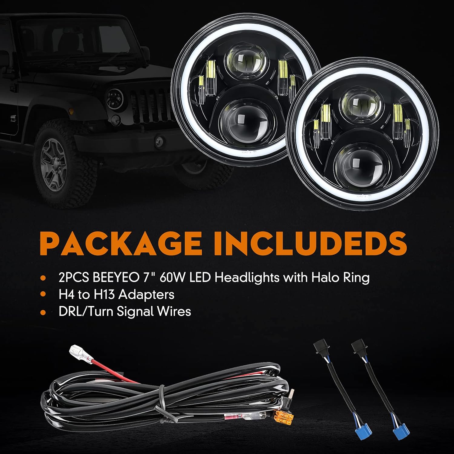 7 Inch LED Halo Headlights with Red Halo Ring Angel Eyes, Hi/Lo Beam, Amber Turn Signal, DOT Approved, Wrangler Headlights for JK LJ CJ TJ, 2PCS