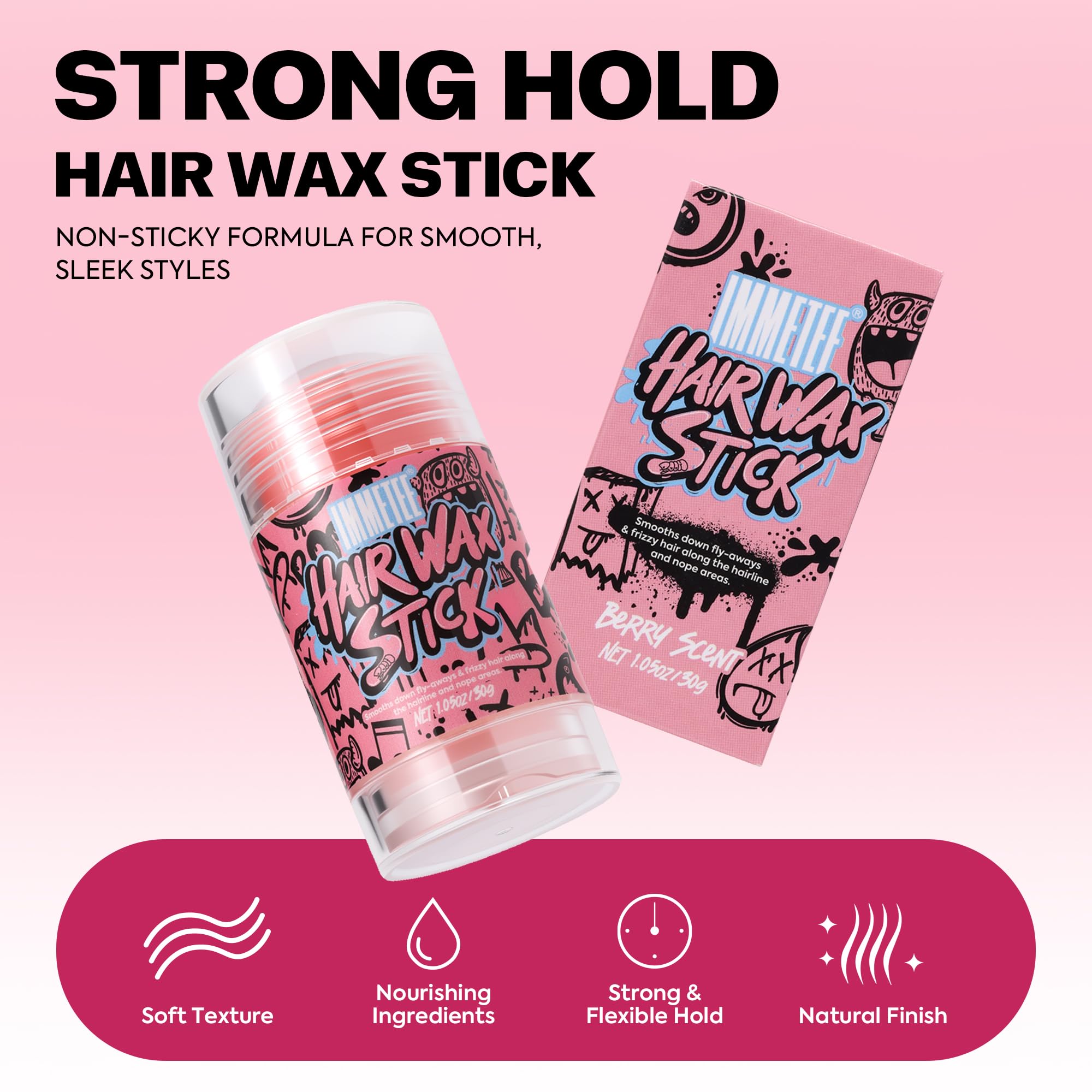 immetee Barra de Cera para el Cabello Mujer - Control Antifrizz y Mechas Sueltas - No Grasa, Sin Residuos, Fijador para Peinados, Pelucas y Control de Contorno, 1.05oz/30g (Frambuesa)