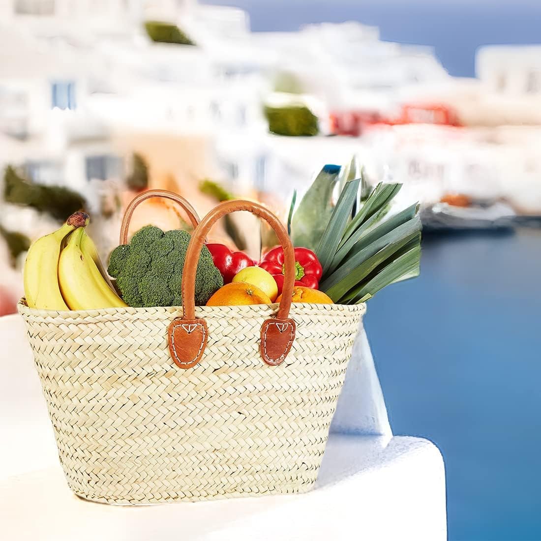 Cesta Sac à Provisions XXL Ibiza En Feuille De Palmier - 50cm Avec Cuir Véritable