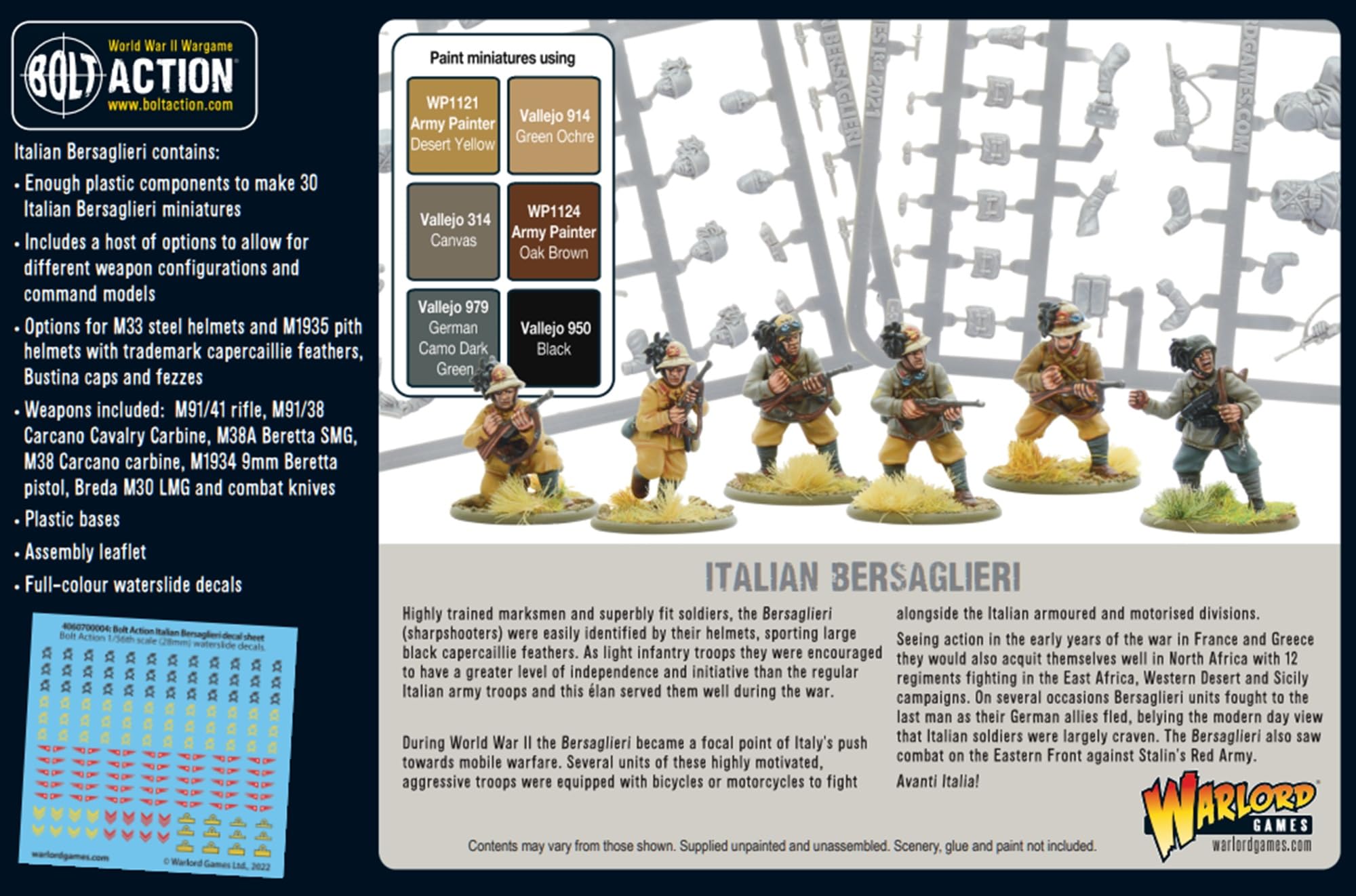 Italian Bersaglieri – 28 mm große Kunststoff-Miniaturen für Bolzenaktion von Warlord Games – sehr detaillierte Miniaturen aus dem 2. Weltkrieg für Tisch-Kriegsspiele