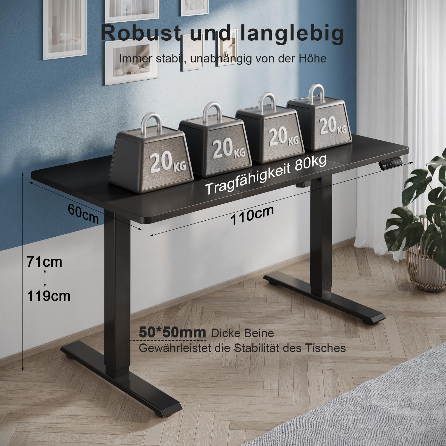 Image demonstrating the desk's stability and weight capacity (80 kg) with four 20 kg weights on the tabletop, showing dimensions (110x60cm) and leg thickness.