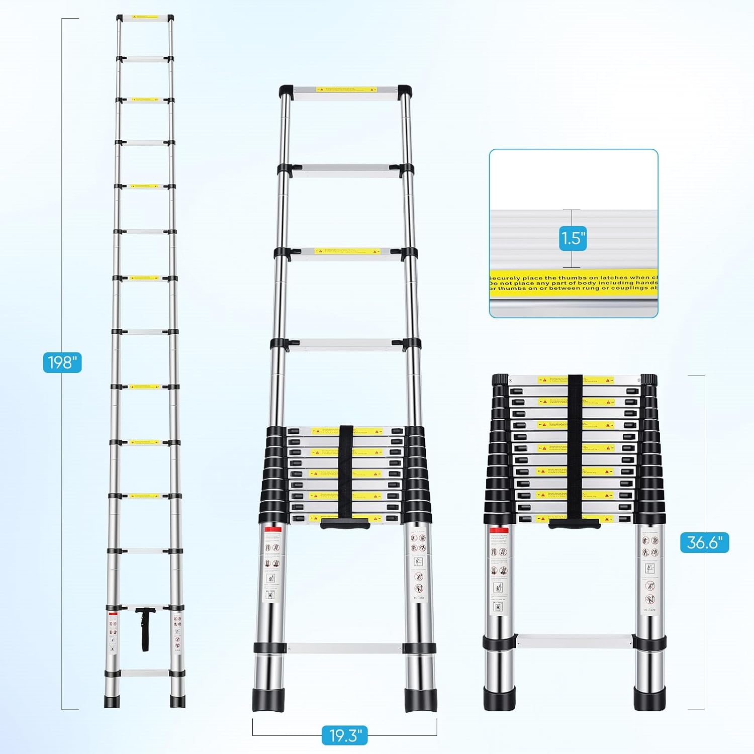 Telescoping Ladder,FAHKNS 16.5 FT Aluminum Extension Ladder, Heavy Duty 330lbs Max Capacity,Folding Compact Portable Anti-Slip Ladder for RV or Outdoor Work