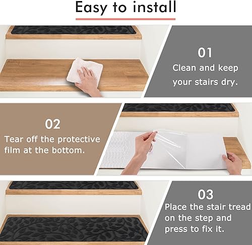 Miniatura 3 de Jaoul Alfombra antideslizante para peldaños de madera, para interiores, 8 x 30 pulgadas, 7 unidades, alfombra de seguridad antideslizante para Black