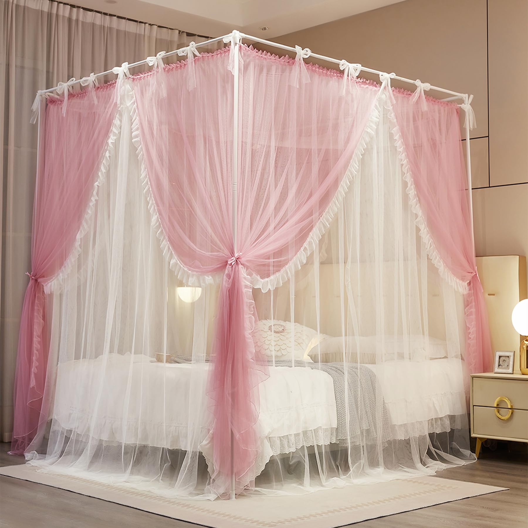 Vorhang mit 4 Ecken, Betthimmel, Schnürung, Moskitonetz, Netzgewebe und doppellagig, für Schlafzimmer-Dekoration (Rosa/Weiß, 134,6 x 198,1 x 208,3 cm (B x L x H)