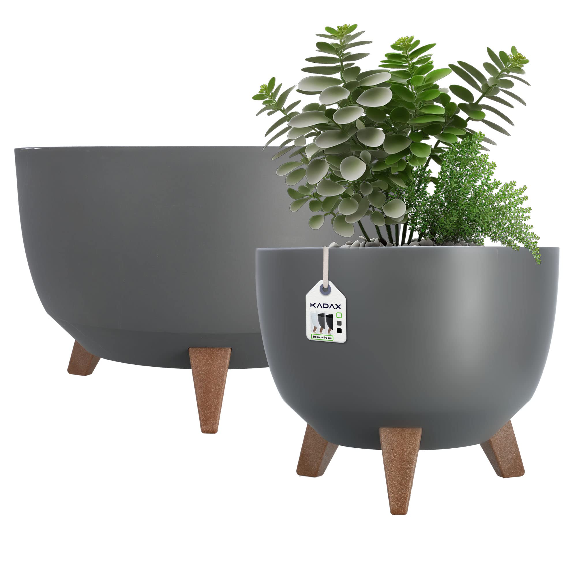 KADAX Vaso Rialzato in Plastica per Piante da Interno ed Esterno, Coprivaso Decorativo con Piedistallo Simil-Legno (Set di 2: 29 e 39.5 cm, Grigio Scuro)