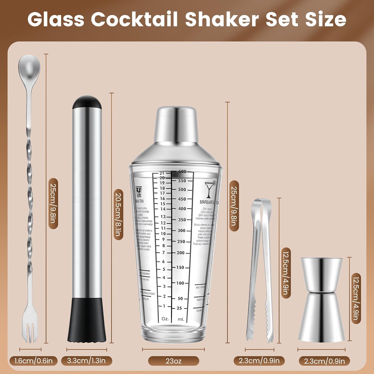 3 Pack Glass Cocktail Shaker Set, 23oz Bartender Kit with Built-in Strainer, Ice Tongs, Measuring Jigger, Muddler & Mixing Spoon, Professional Bar Tools for Home Bartending & Mixology