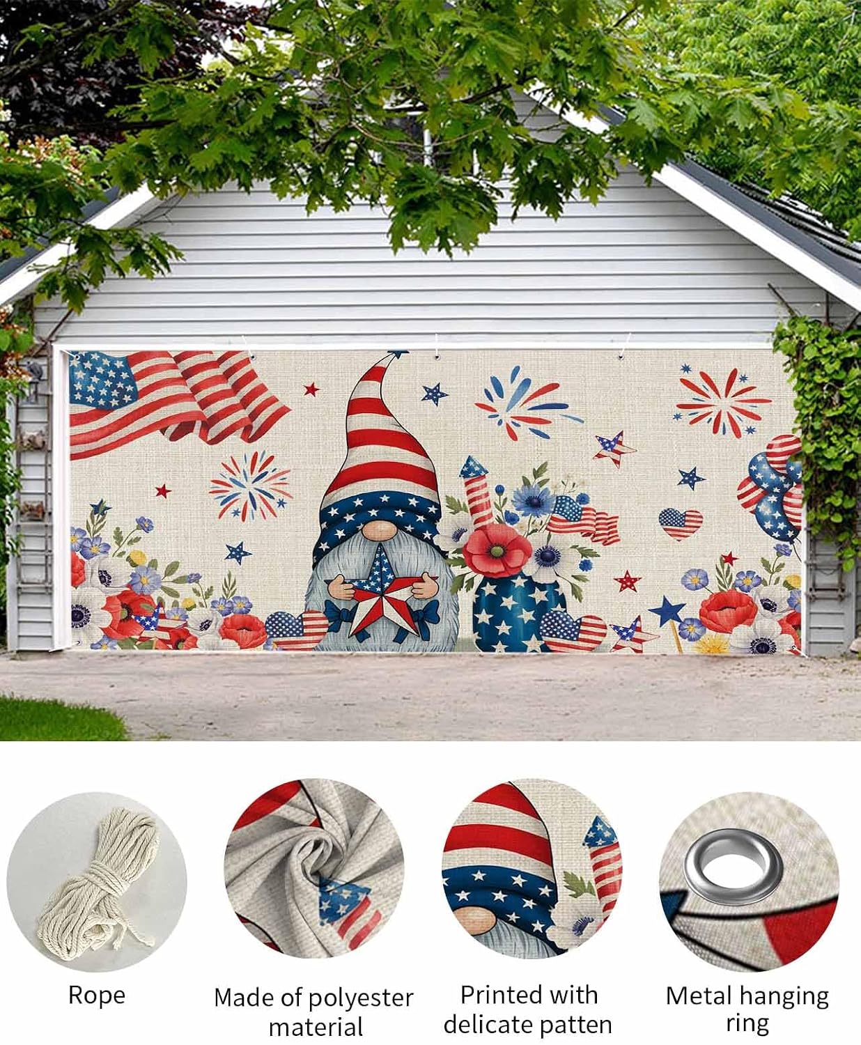 Garage Door Cover Banner 7x8 Ft, 4th of July Garage Door Decorations for Christmas/Thanksgiving, Retro Patriotic Gnomes Flowers Flag Firework Large Hanging Backdrop Covers for Outdoor Holiday