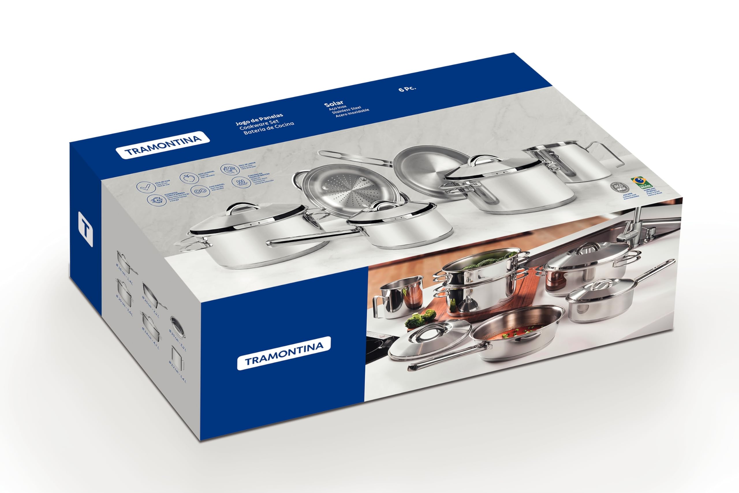 Tramontina Set di Pentole Solar da 6 Pezzi in Acciaio Inox con Base Tri-Ply