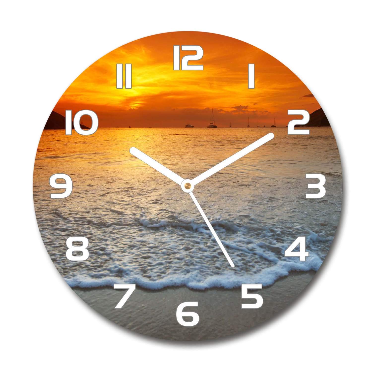 Horloge en verre rond 30cm Tulup avec mécanisme silencieux et motif de coucher de soleil