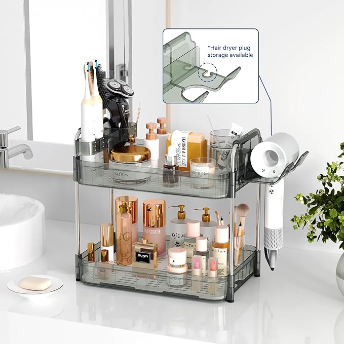Organizador de Baño 2 Niveles con Soporte para Secador y Cepillos, Verde Transparente miniatura 5