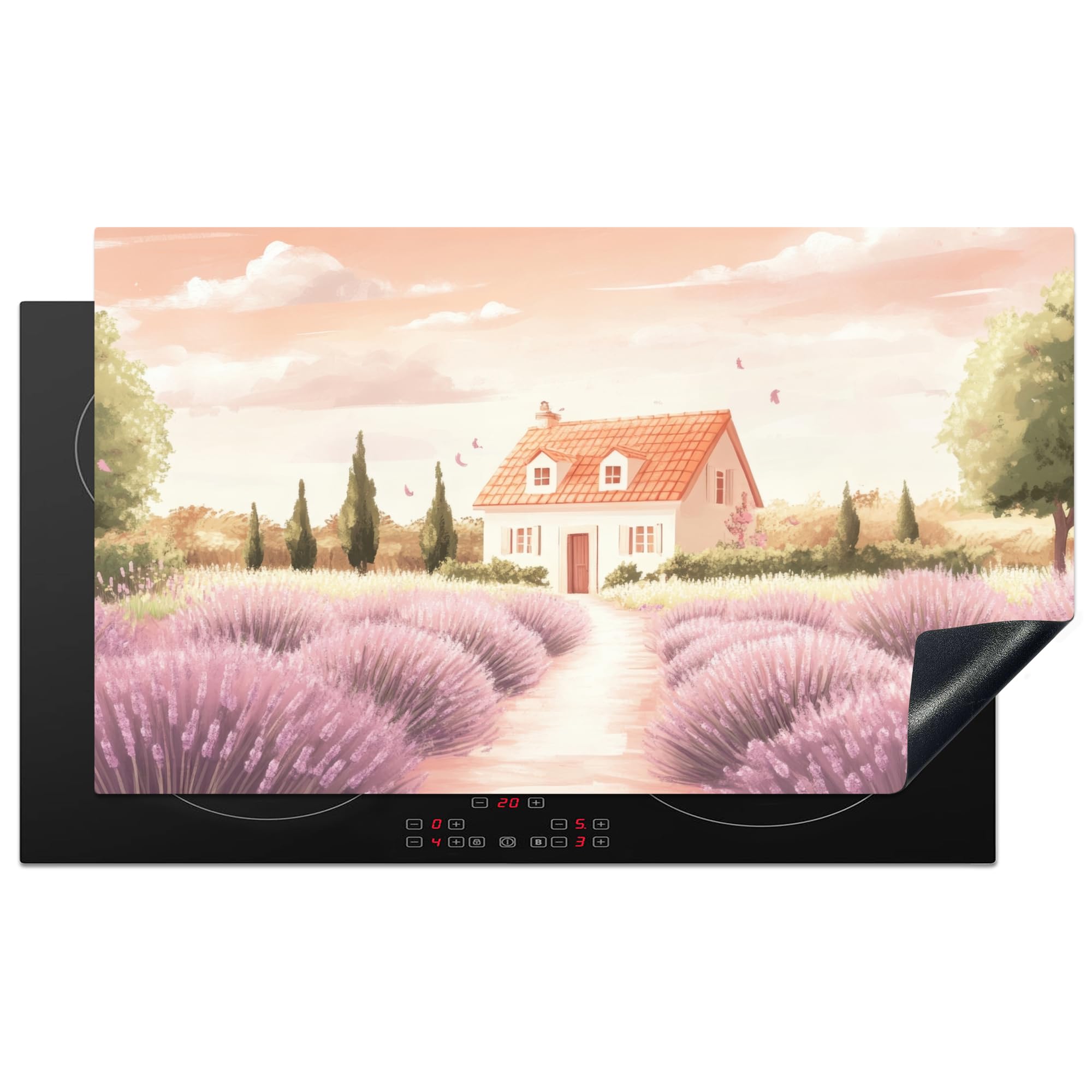 KitchenYeah© Induction Hob Protector Mat 20.5"x35.4" / 90x52 cm Stove Cap Top Cover Kitchen Cooker Covers for Electric Hobs Vinyl Lavender Field - House - Purple — image 1