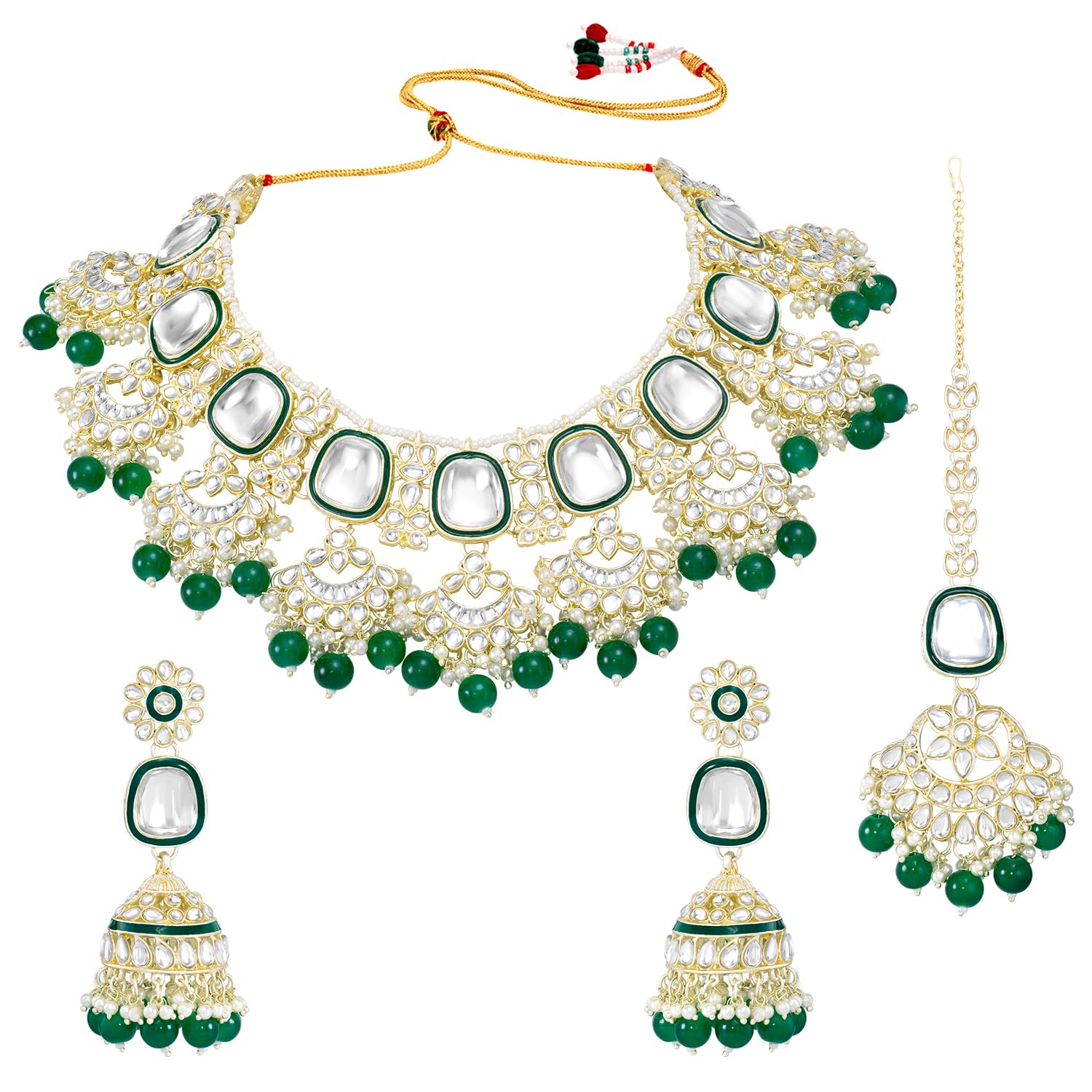 Peora Green Kundan & Beads Studded Choker Necklace Maangtikka & Jhumki Earrings Ethnic Jewellery Set for Women & Girls (B0CKZHFF4Z) Amazon Price History, Amazon Price Tracker
