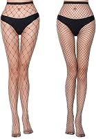 Auftl Women's Black Fishnet Stockings High Waist Thigh High Tights One Size Fits Most 2 Pairs