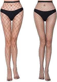 Auftl Women's Black Fishnet Stockings High Waist Thigh High Tights One Size Fits Most 2 Pairs