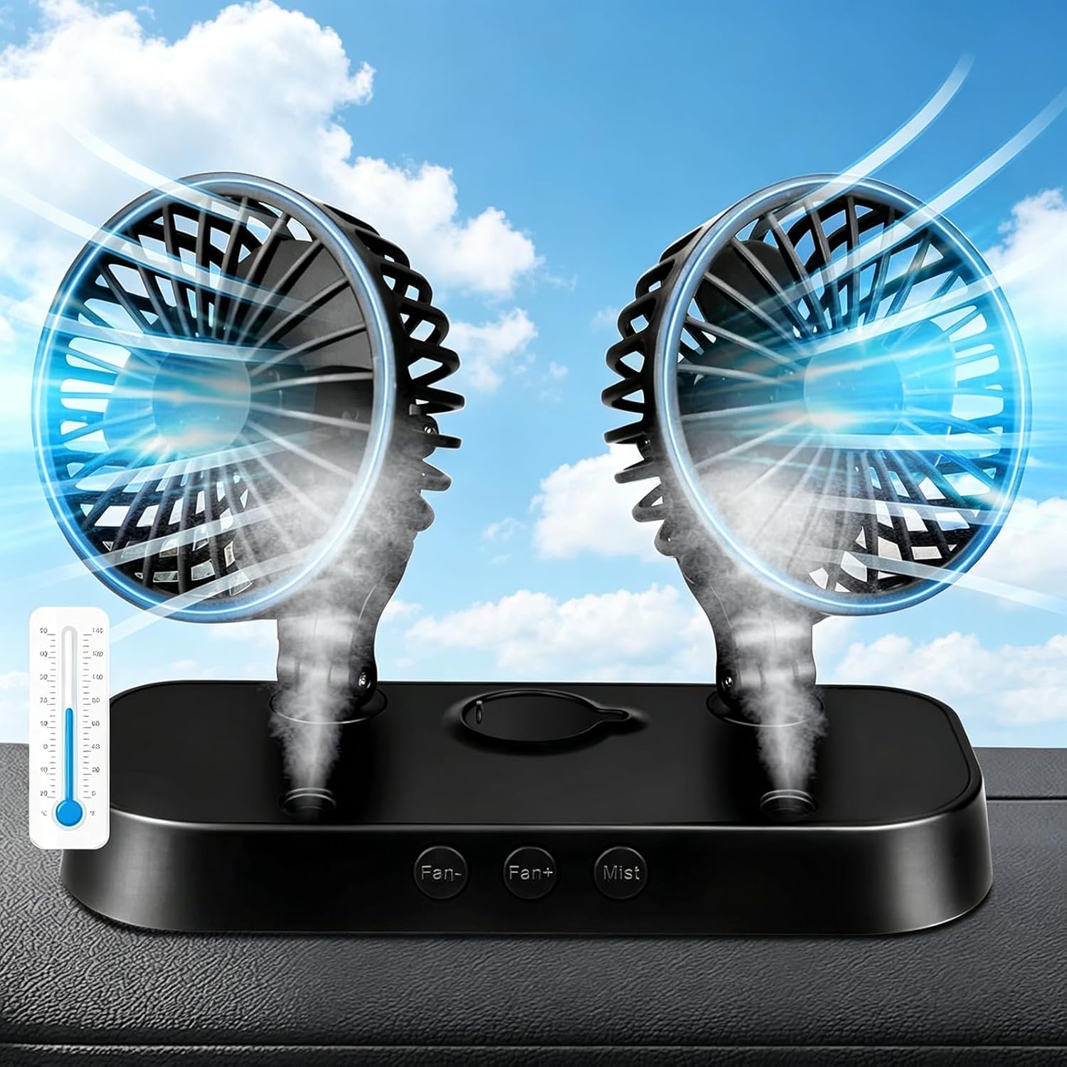Car Fan, Dual Head USB Fan with Mist Function, Portable 12V Cooling Fan for Vehicle, 360° Multi-Angle Rotatable & 2 Speeds, Delivers Strong Airflow for Truck, SUV, RV & More