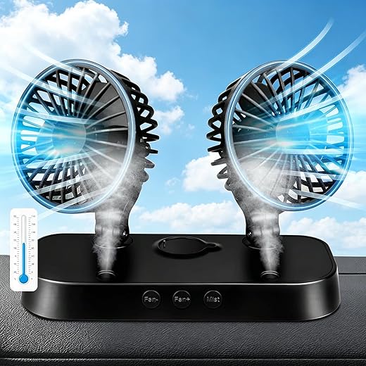 Car Fan, Dual Head USB Fan with Mist Function, Portable 12V Cooling Fan for Vehicle, 360° Multi-Angle Rotatable & 2 Speeds, Delivers Strong Airflow for Truck, SUV, RV & More