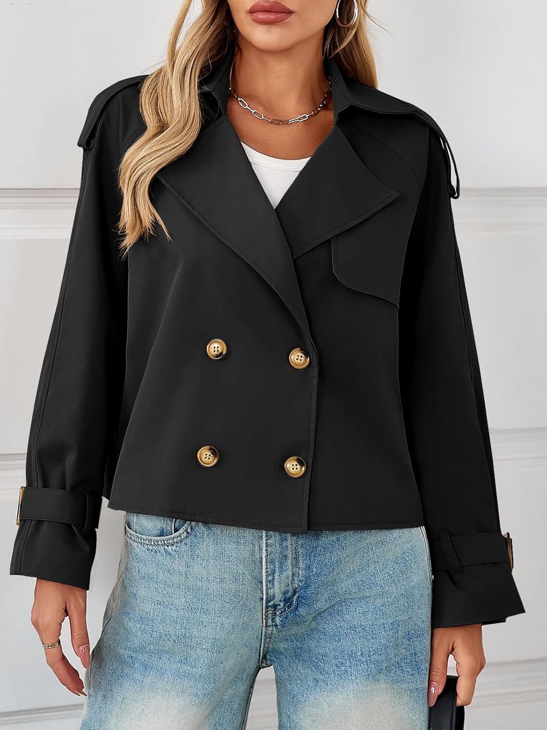 Tankaneo Womens Cropped Trench Coat Oversized Double Breasted Lapel Long Sleeve Short Jacket Fashion Outerwear - Image 5