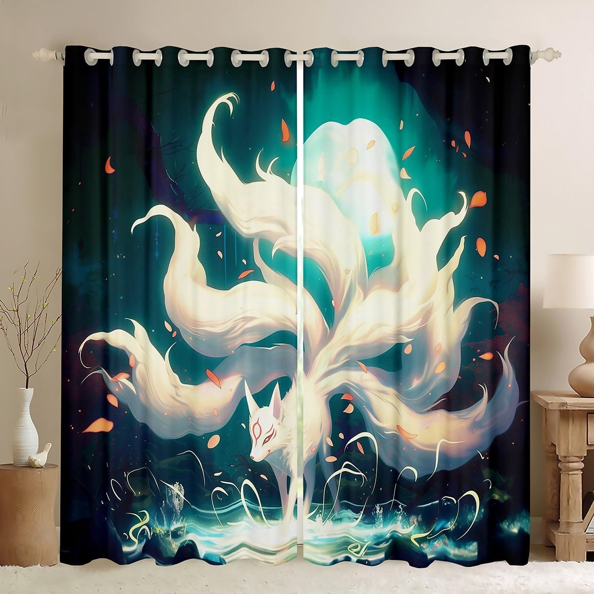 White Fox Window Curtain,Japanese Ukiyoe Animals Curtains,Pink Blossoms Floral Window Treatment Curtain for Kids Girls Boys Women Bedroom Decor,Blue Moonlight Night Window Drapes,2 Panels,42Wx63L