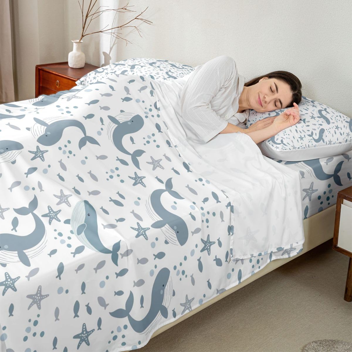 Homewish Niebieski ocean wieloryb prześcieradła podwójna rozgwiazda zwierzęta kreskówka zestaw prześcieradeł życie morskie ryba zestaw pościeli - geometryczne punktowe dopasowane płaskie prześcieradła