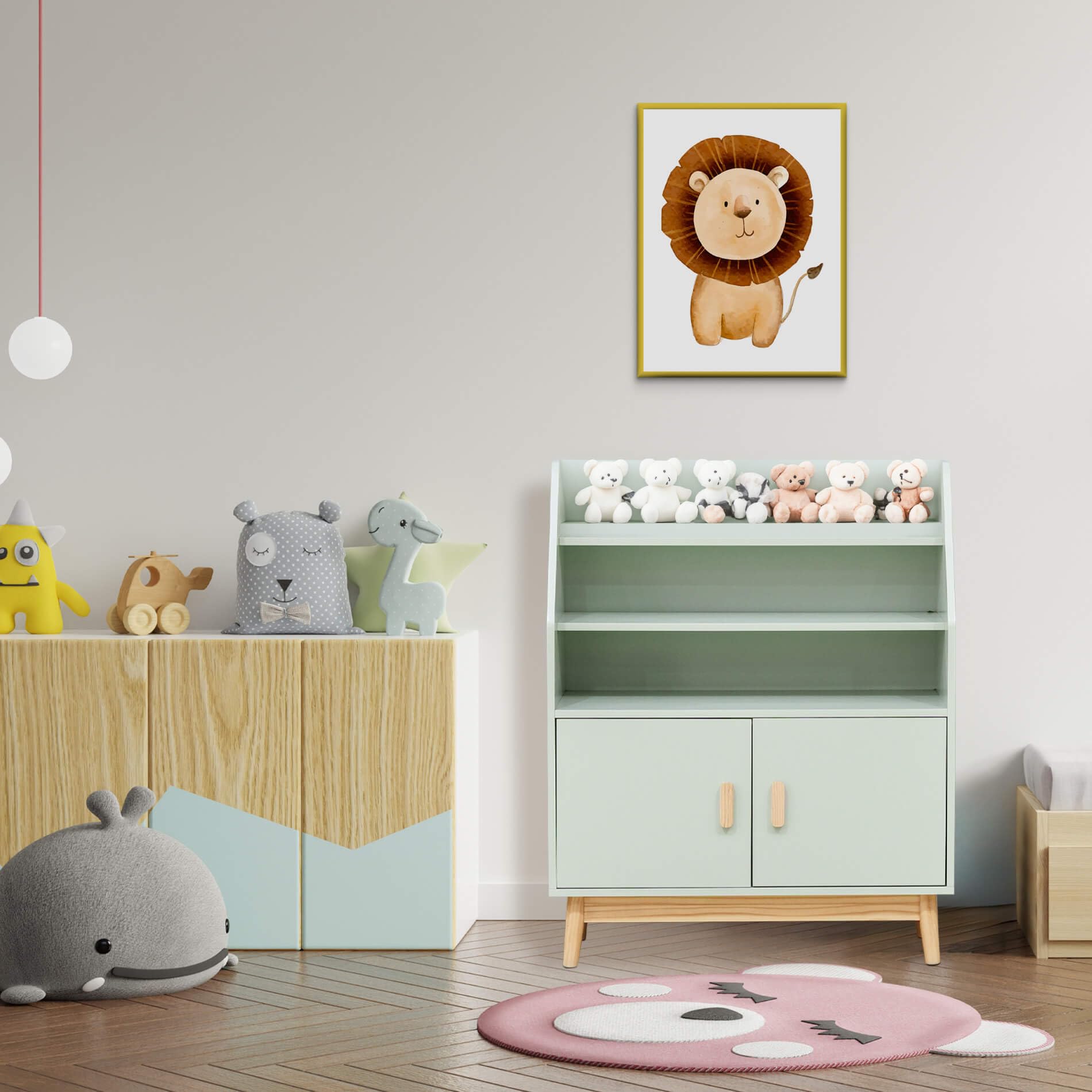 Rebecca Mobili Scaffale per Bambini, Libreria Montessoriana, Verde Acqua Marrone, MDF Pino, con 3 Ripiani e 1 Vano, Stile Scandinavo - Misure HxLxP: 100 x 80 x 33 cm - Art. RE7132