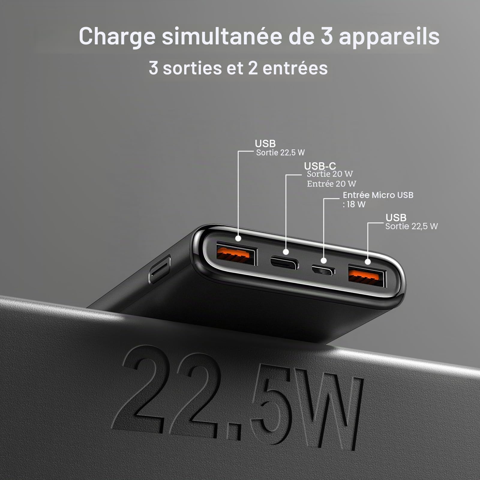 External Battery, 22.5W 10000mAh Power Bank, Portable Battery USB C Input & Output PD3.0 QC4.0 Quick Charge Powerbank with LED Display Compatible with iPhone Samsung etc Phone and Others，Blanc