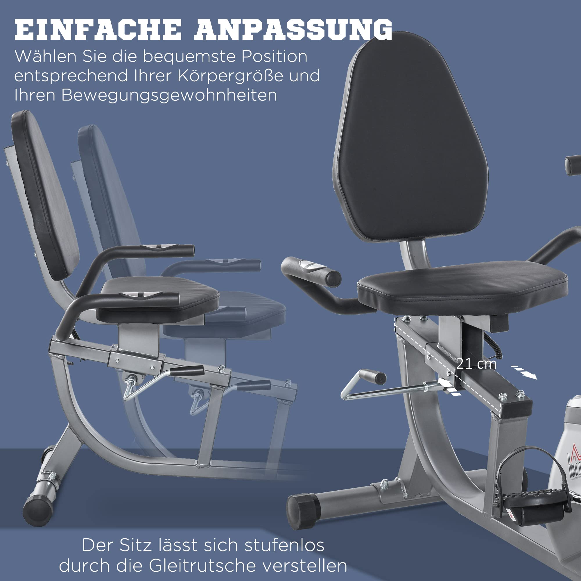 HOMCOM rower treningowy trenażer rowerowy koło zamachowe z 8-stopniową regulacją oporu magnetycznego regulowana długość opór magnetyczny koła metal ABS kolor szary + srebrny 136 x 62,5 x 38 cm