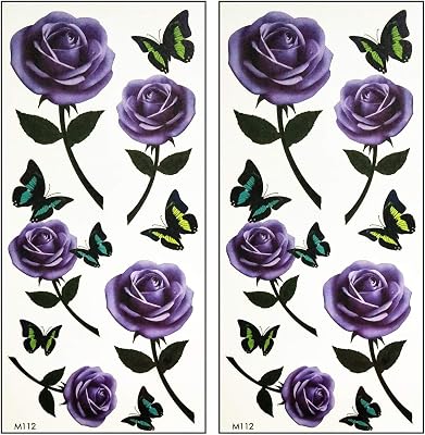 Tattoos 2 Sheets Purple Rose Butterflies Butterfly Cartoon Temporary Tattoos Stickers Fake Sexy Body Arm Chest Shoulder Tattoos for Teens Men Women (06)