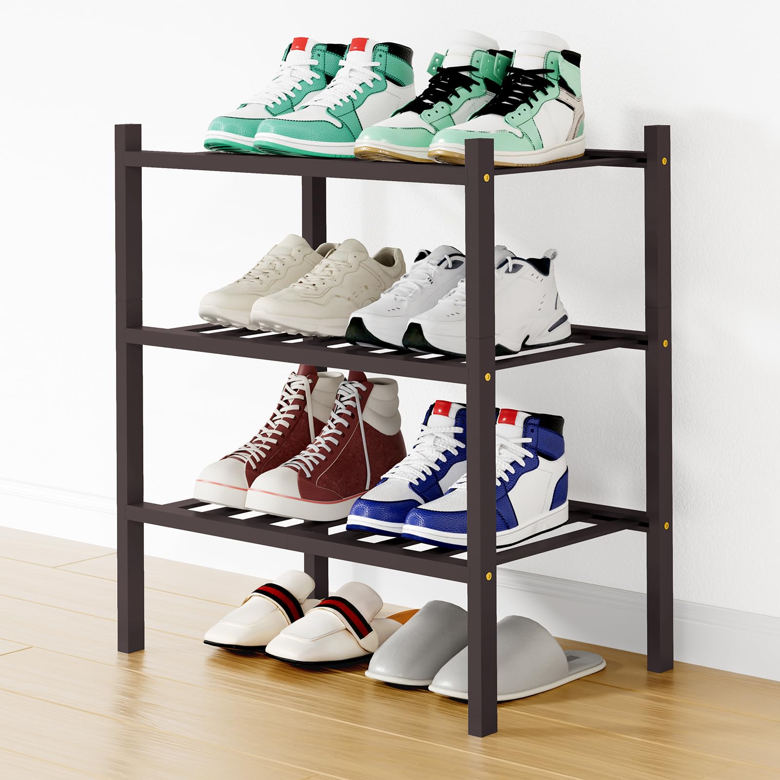 Smiry Bamboo Shoe Rack, 8 Vertical Slats, 3 Tier - 17.3" Wide, Brown