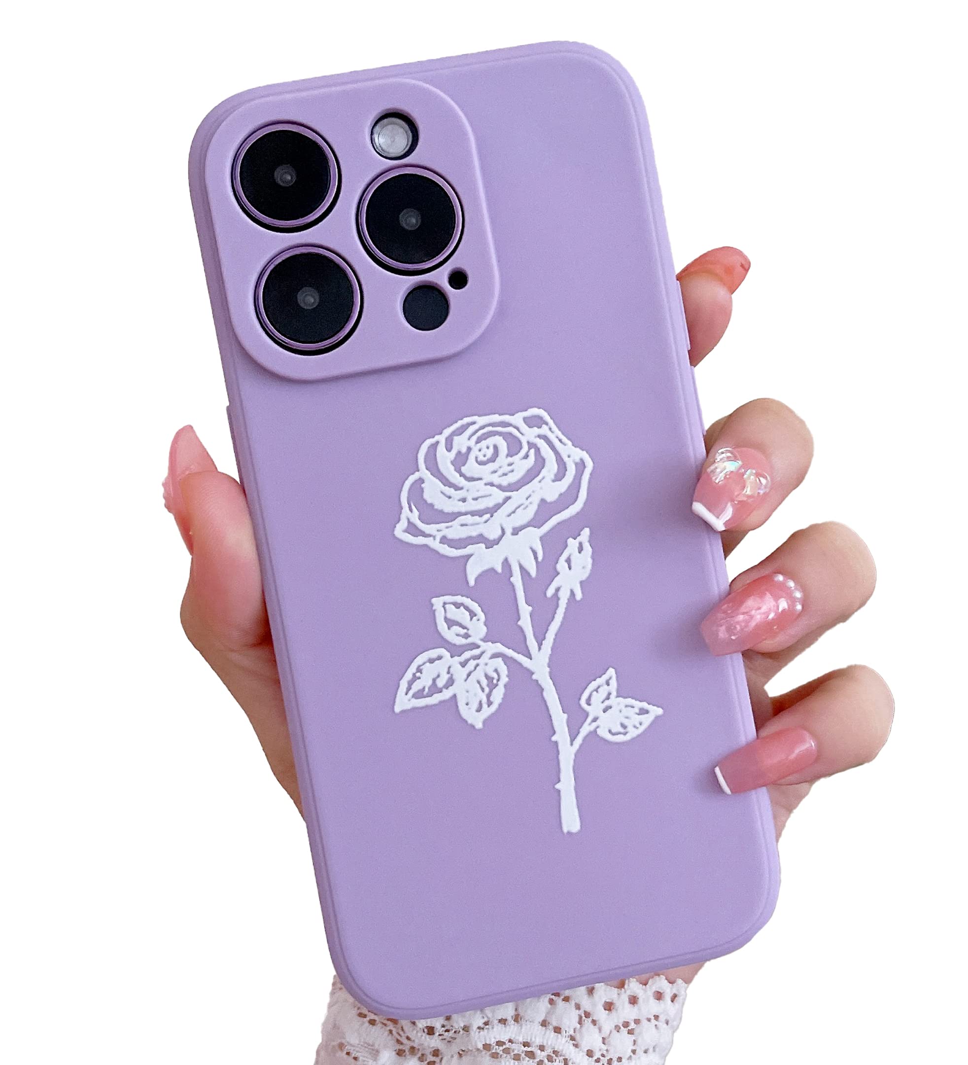 YIKUSO Compatible with iPhone 14 Pro Case Silicone Gel Rubber Phone Cases, Cover 6.1 Inch Full Body Soft Protective Rose Flower Case Cute for Women（Purple）