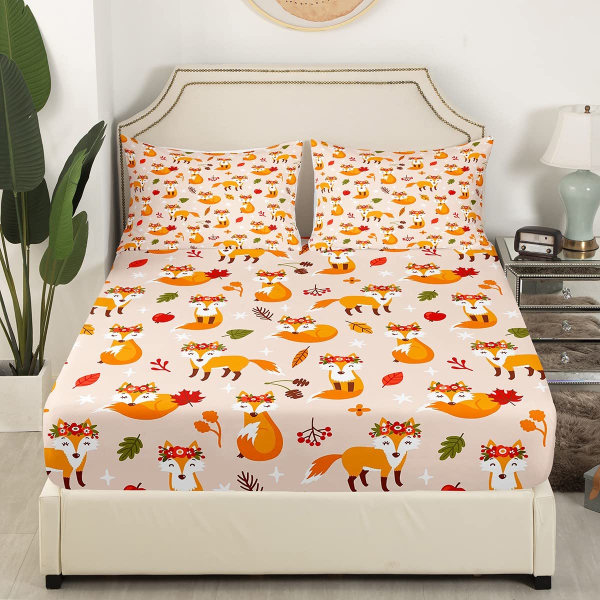 Juego de sábanas de zorro de dibujos animados, estampado floral botánico para niños y niñas, decoración de vida silvestre con bolsillo profundo, juego de ropa de cama de microfibra, juego de sábanas