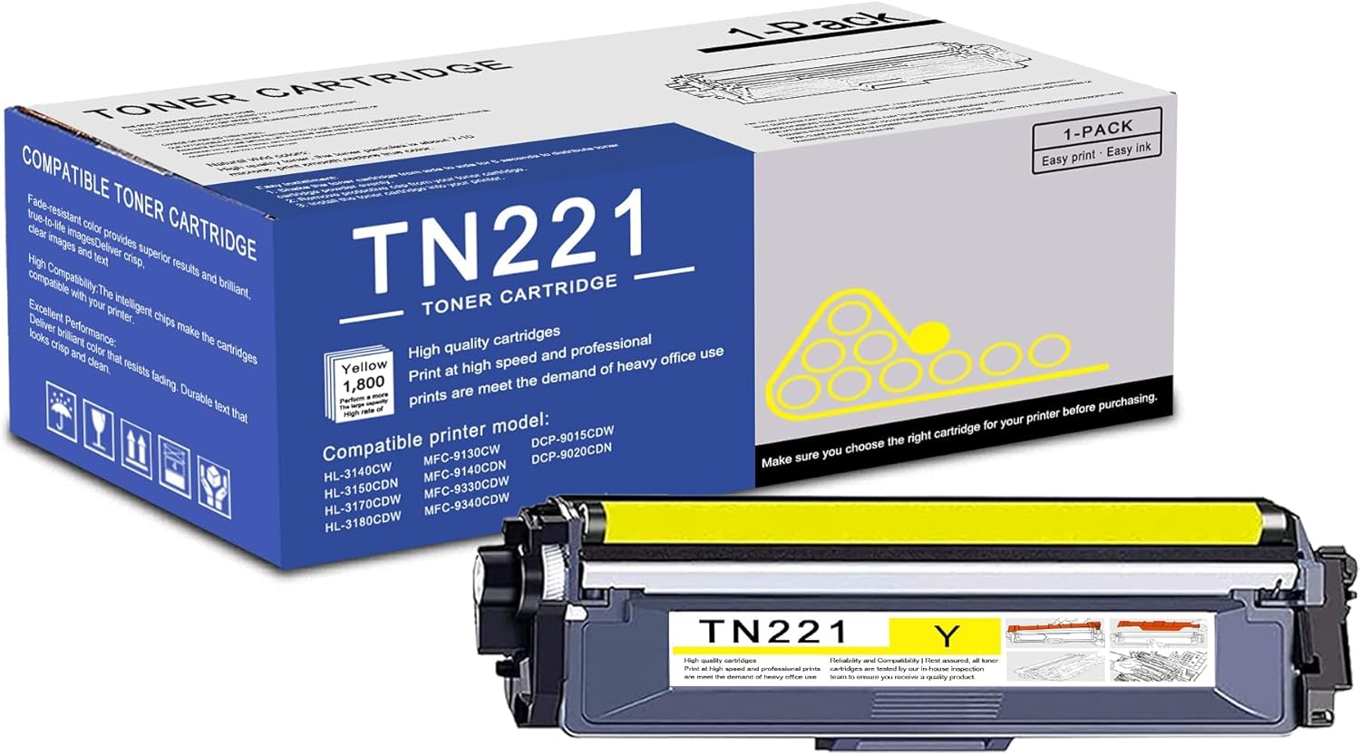 1 Pack TN221 Yellow Toner Cartridge High Yield Compatible TN221 Replacement for Brother HL-3140CW 3150CDN 3170CDW MFC-9130CW 9140CDN 9340CDW DCP-9015CDW 9020CDN Printer