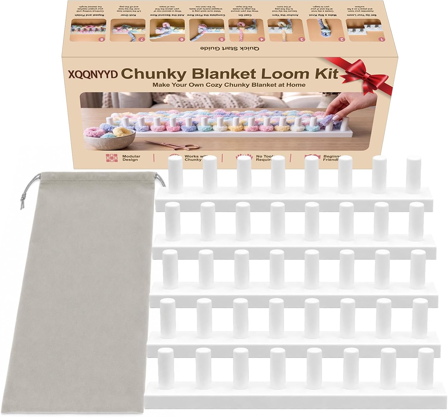 XQQNYYD 72" Chunky Blanket Loom Kit, 5 Sections Cream White Chunky Yarn Loom for Blankets, Beginner-Friendly Snap-Together Hand Knitting Frame with Storage Bag