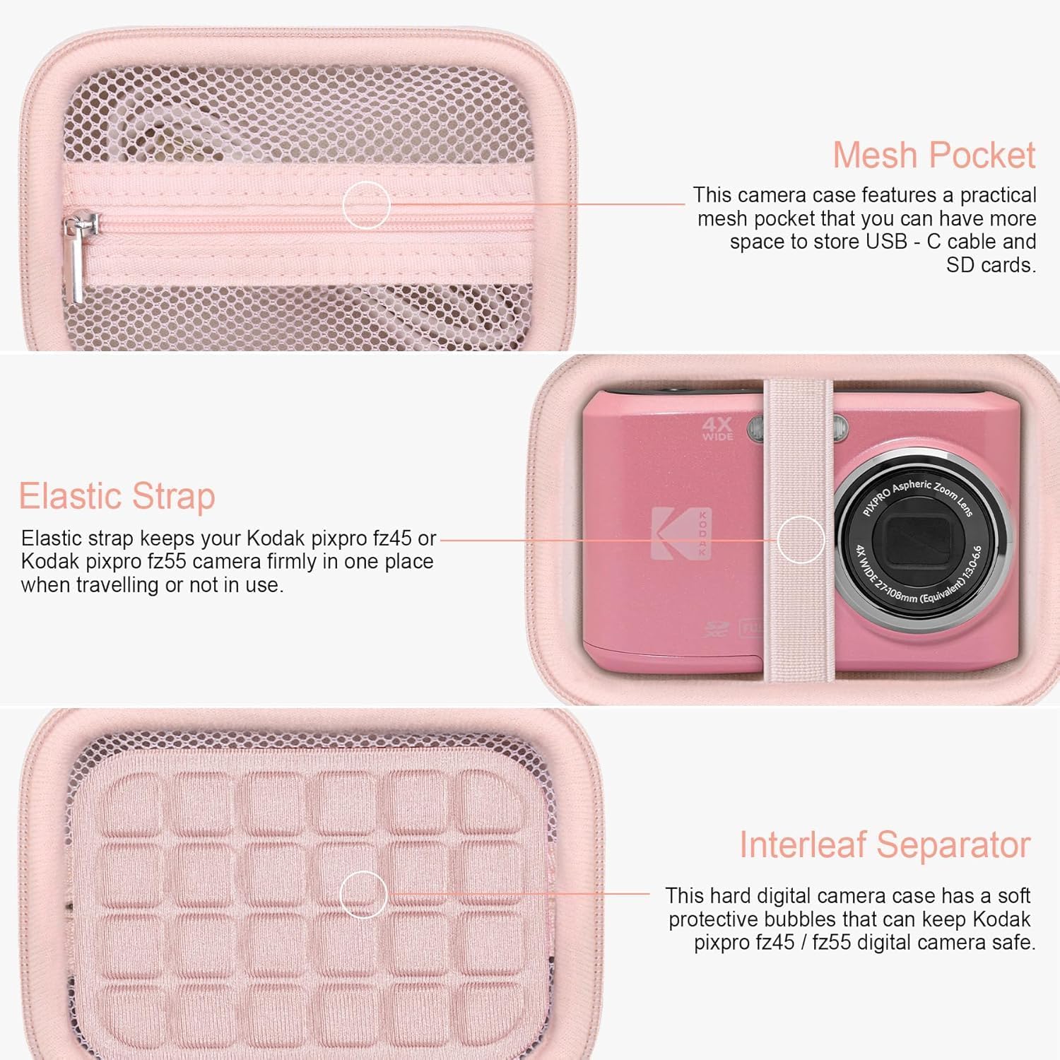 RAIALL Hard Carrying Case for Kodak PIXPRO FZ55/FZ45 Digital Camera, Protective Travel Camera Bag with Mesh Pocket for USB Cables, Batteries & Accessories, Pink image 4