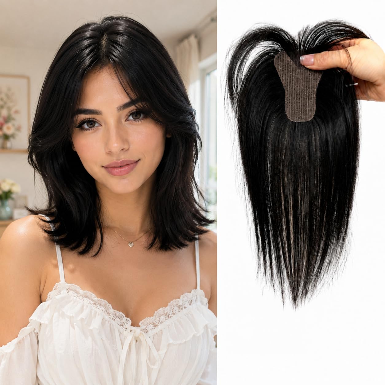 No Clip Hair Topper for Women Human Hair Bangs Without Clips V-Shaped Forehead Hair Piece with T-Shaped Base 10-Inch Trimmable Air Bangs for Everyday Wear (Black No Bangs V)