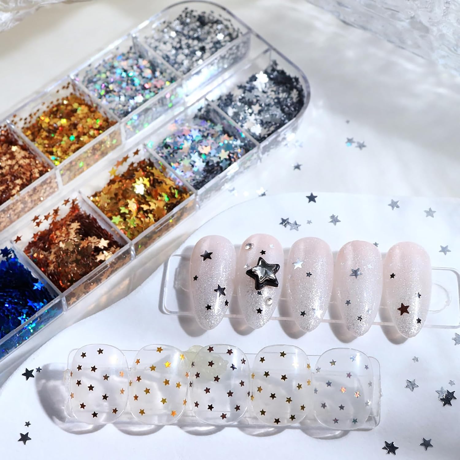 12 Boxes Spring Laser Star Nail Art Glitters Colorful Star Nail Sequins Set, Spring Laser Nail Decor Accessories Mini 3D Stars Nail Decals Holographic Glitters for Women Manicure