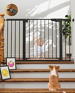 Cumbor 29.7-48" Baby Gate for Stairs, Mom's Choice Awards Winner-Dog Gate for Doorways, Auto Close Safety Pet Gate for Dogs Indoor, Easy Install Pressure Mounted Child Gate with Walk Thru Door, Black