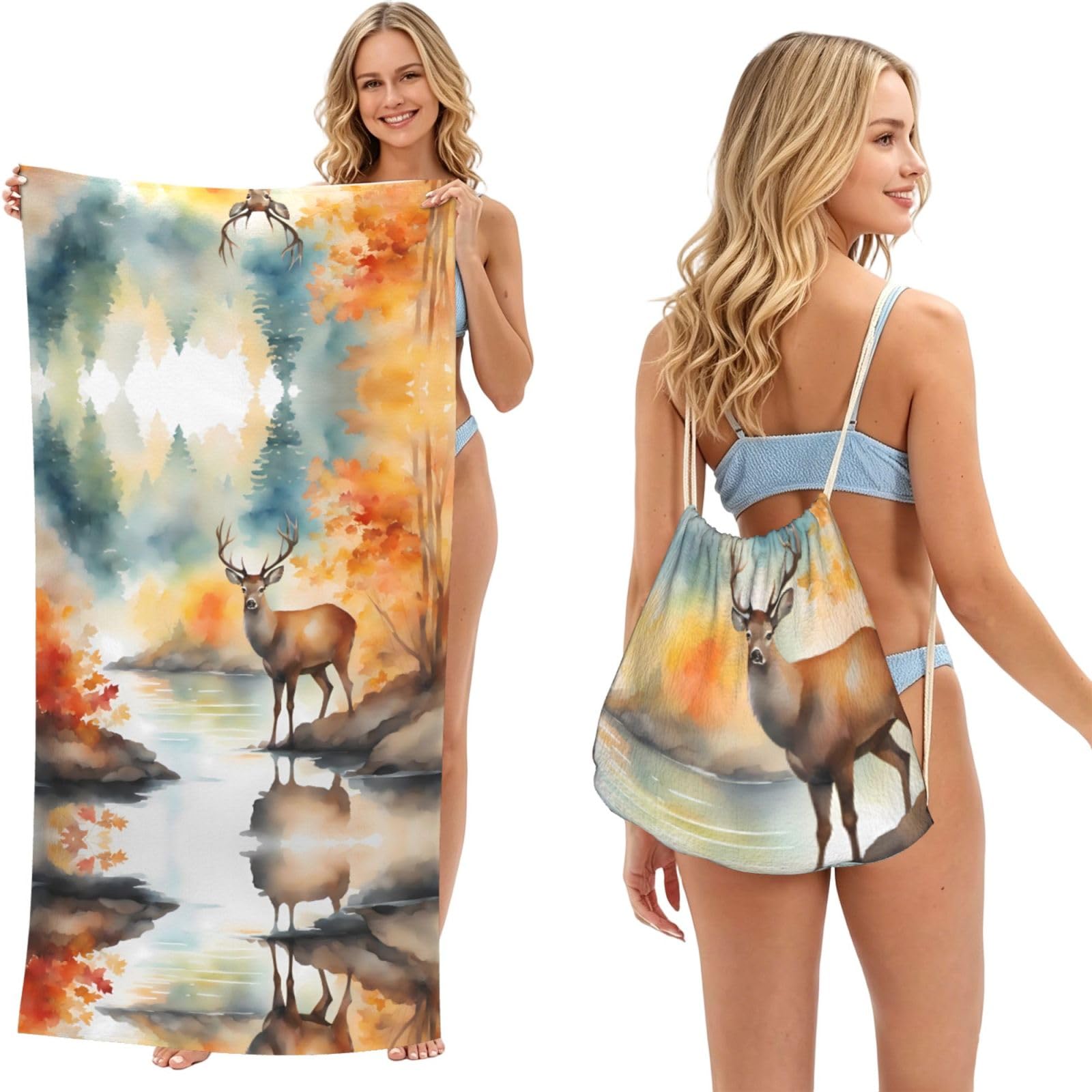 SXZVVBN Deer by the river 2-in-1 Beach Towel Bag, Quick Dry Sand Free Travel Towel Backpack for Adults