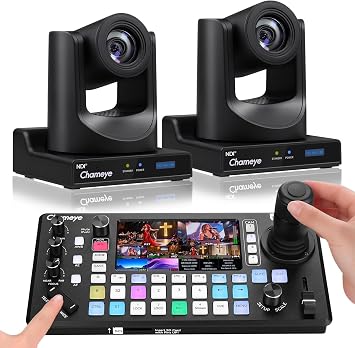 Chameye NDI PTZ Camera 30X, AI Auto-Tracking, M500 4K HDMI Video Switcher Integrated Pro PTZ Controller for Church Live Services, C730Nx2+M500